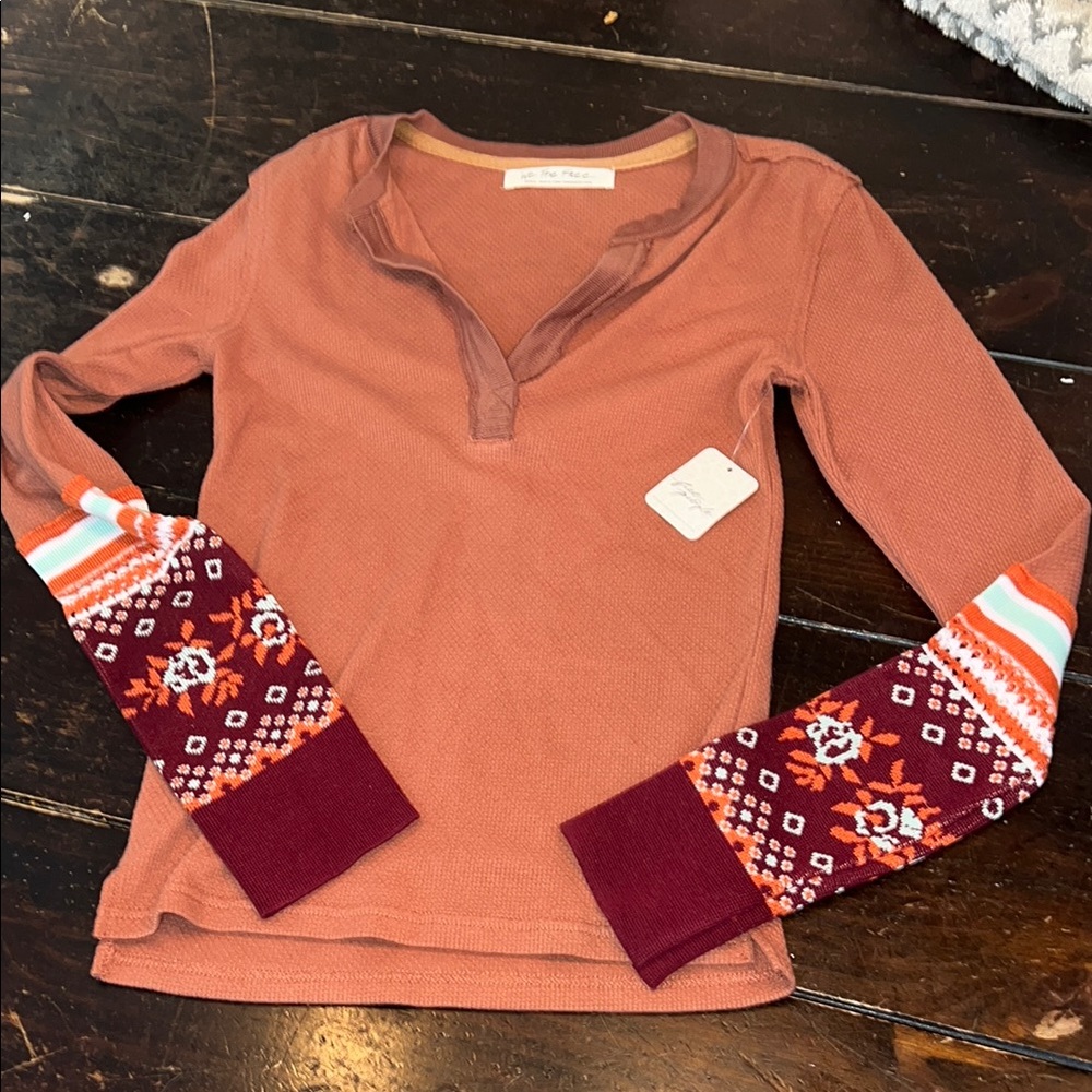 Free People Pink Fitted Polo Top with 3/4 Sleeves